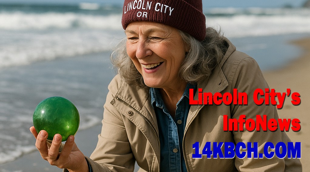 Smiling woman on Lincoln City beach holding a green glass float; beanie reads ‘Lincoln City OR’.